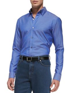 Mens Solid Woven Button Down Shirt, Blue   Ermenegildo Zegna   Blue (LARGE)