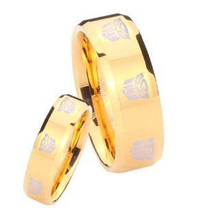 His Her's Tungsten 8_Transformers Autobot 14K Gold IP Pipe Cut Ring Set Size 4, 7 Wedding Bands Jewelry