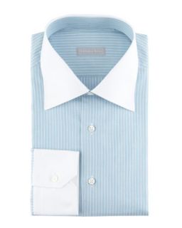 Mens Contrast Collar 3 Row Stripe Dress Shirt, Aqua   Stefano Ricci   Aqua