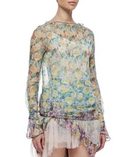 Womens Sheer Floral Print Long Sleeve Blouse   Nina Ricci   Multi (36)