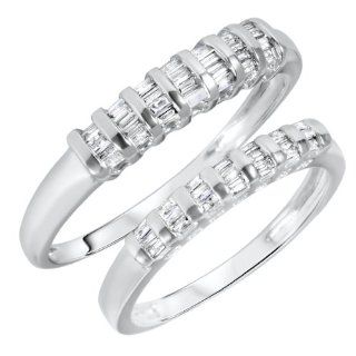 1/2 CT. T.W. Baguette Cut Diamond His And Hers Wedding Rings 14K White Gold   Free Gift Box MyTrioRings Jewelry