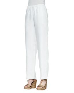 Womens Straight Leg Lined Linen Pants, White, Petite   Go Silk   White (PL/12 