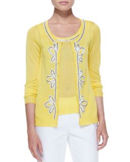 Button Front Cardigan with Bead Trim, Yellow, Womens   Michael Simon   Yellow
