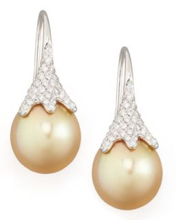 Golden South Sea Pearl and Diamond Drop Earrings, White Gold   Eli Jewels  