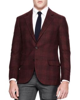 Mens Plaid Two Button Sport Coat, Red   Brunello Cucinelli   Red (54)
