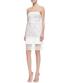 Womens Strapless Floral Lace Dress with Sheer Hem, White   J. Mendel   Nuage