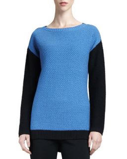 Womens Long Sleeve Colorblock Sweater, Pacific/Caviar   St. John Collection  