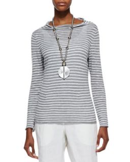 Womens Organic Striped Draped Neck Top, Pewter/White   Eileen Fisher  