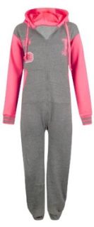 Womens Ladies R Varsity Contrast Sleeve Zip Onesie All In One Jumpsuit Playsuit [UK 12 (L)  Black   Neon Pink] Clothing