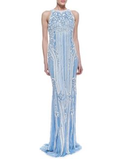 Womens Sleeveless Sequined Deco Patterned Gown, Sky Blue   Theia by Don O