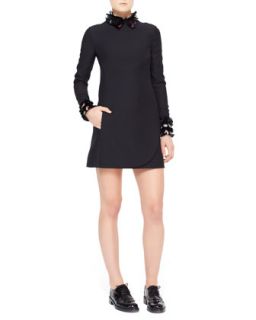 Womens Crepe Dress with Feather Collar & Cuff   Valentino   Black (12)