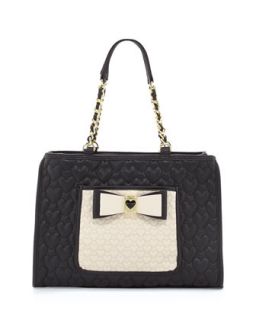 Two Tone Quilted Heart Tote Bag, Black   Betsey Johnson