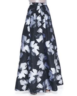 Womens Pleated Floral Print Ball Skirt   Carmen Marc Valvo   Black/Silver (14)