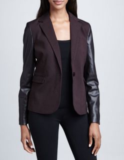 Womens Blazer with Faux Leather Sleeves   Carmen by Carmen Marc Valvo   H.
