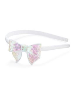Headband with Sequined Bow, White   Bow Arts   White