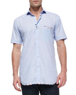 Mens Short Sleeve Woven Shirt with Printed Trim, Light Blue   Bogosse   Light