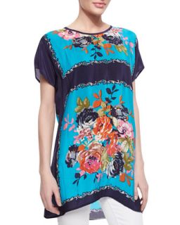 Womens Tiffany Silk Floral Print Short Sleeve Tunic   Tolani   Turquoise (M/8)