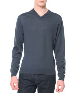Mens Wool Knit V Neck Sweater, Bluish Gray   Lanvin   Bluish gray (SMALL)