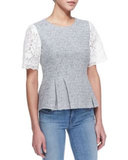 Womens Short Sleeve Tweed & Lace Top, Shark Gray/White   Rebecca Taylor  