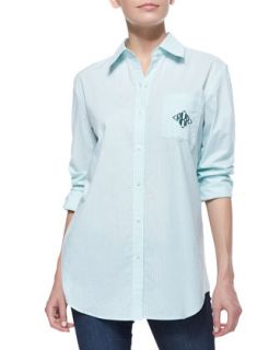 Plain Striped Oxford Fitted Shirt, Womens   Green/White (LARGE(12 14))