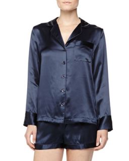 Womens Long Sleeve Silk Shorty Pajamas, Navy   Navy (MEDIUM (6 8))
