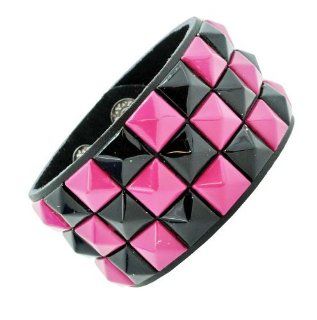 Pink and Black Checkered Studded Black Leather Bracelet Jewelry