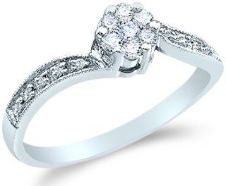 10k White Gold Diamond Engagement Channel Set Flower Shape Center Round Brilliant Cut Diamond Ring 6mm (1/4 cttw) Jewelry