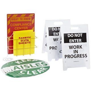 NMC RTK2 5 Piece Right To Know Center Kit with Backboard, Rack, Binder and Chain, "RIGHT TO KNOW COMPLIANCE CENTER", 14" Width x 20" Height, Red on Yellow Industrial Warning Signs