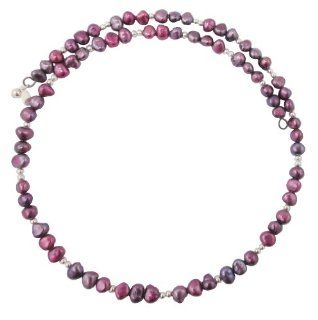 Sterling Silver & Burgundy Pearl Memory Wire Choker Necklace Claspless, Easy On & Off Jewelry