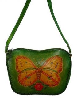 Hand made Genuine Leather Butterfly & Sunflower Shoulder Bag(Green), Beautiful and Unique. Clothing