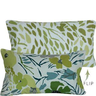 Designer Decorative 12"x20" Lumbar Throw Pillow Cover   Flowers Floral and Leaves   Green, Blue and Yellow and Gray Hues   1 Cover, 2 Looks   Being Green Collection  