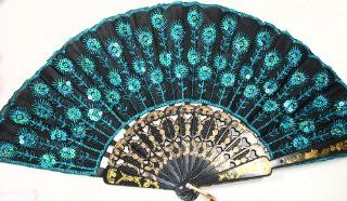Peacock Pattern Sequin Fabric Hand Fan Decorative Fashionable (New Blue)  Home And Garden Products  Sports & Outdoors