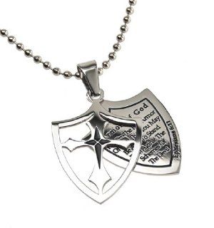 Christian Mens Stainless Steel Abstinence 2 Piece Shield "Armor of God   Put on the Full Armor of God That You May Be Able to Stand Firm Against the Schemes of the Devil" Ephesians 611 Purity Necklace on a 24" Ball Chain for Boys   Guys Pur
