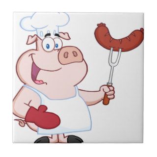 Happy Pig Chef  With Sausage Fork Ceramic Tiles