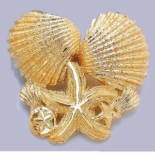 Gold Nautical Slide Charm Pendant Double Scallop Shell & Starfish Slide High Polish Million Charms Jewelry