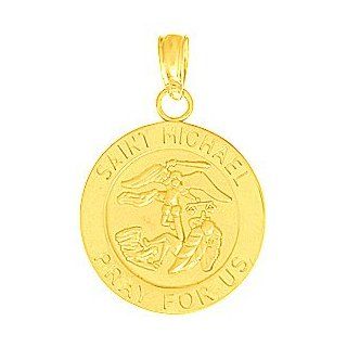14k Gold Religious Necklace Charm Pendant, Saint Michael Medal High Polish & Sat Million Charms Jewelry