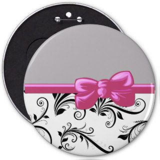 Floral Damask Ribbon Bow White Pink Black Gray Pin