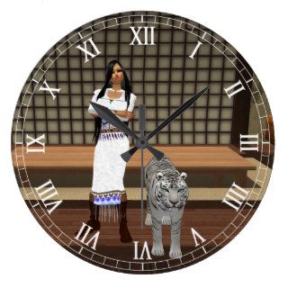 Indian Lady And White Tiger Roman Numeral Clock