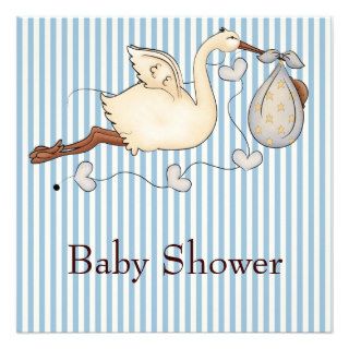 Blue Stripe Stork Baby Boy Shower Invitations