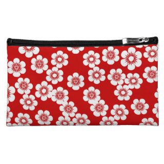 Red and white floral print pattern cosmetic bag