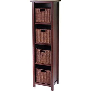 Winsome Milan Wood 5 Pc Storage Shelf With 4 Small Foldable Rattan Baskets, Antique Walnut  Make More Happen at