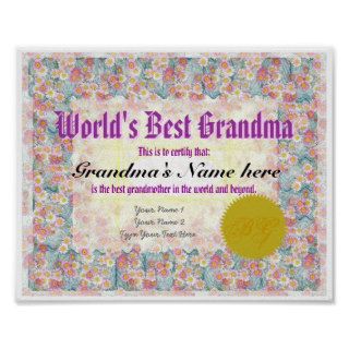 World's Best Grandma Award Certificate Print