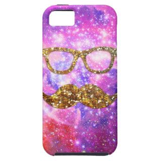 Gold Glitter Mustache Hipster Glasses Pink Nebula iPhone 5 Case