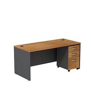 Bush Westfield 66 Desk Shell w/ 3 Drawer Mobile Pedestal (B/B/F)   Natural Cherry/Graphite Gray, Fully assembled  Make More Happen at