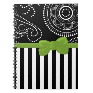 Stripes Lines Paisley Ribbon Bow Black White Green Notebook