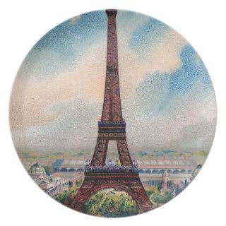 Vintage Colorful Painting Of Eiffel Tower Party Plate