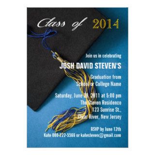 Elegant Blue Black Grad Cap Graduation Party Invitations