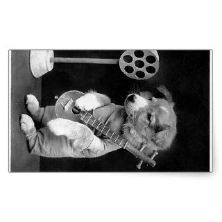 Cute vintage Dog with banjo photo art, black white Rectangular Stickers