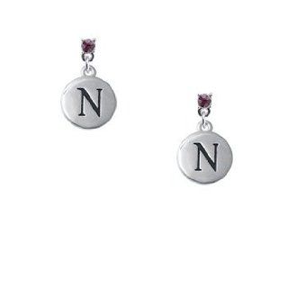 Capital Silver Letter   Pebble Disc   Crystal Silver Post Earrings Crystal Color Amethyst;Initial N Dangle Earrings Jewelry