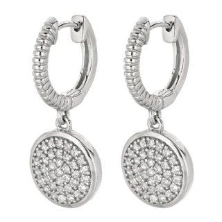 Silver Rhodium Plated Shiny Fancy Round Disc On Huggie Hoop Earrings w/ Clear Cubic Zirconia (CZ) (BTAGCE2297) Jewelry